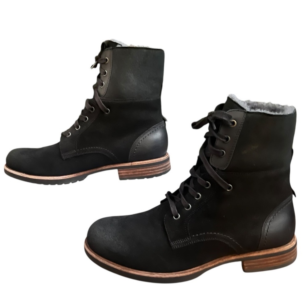 UGG Hannen‎ Black Leather Shearling Lined Waterproof Combat Boots Mens